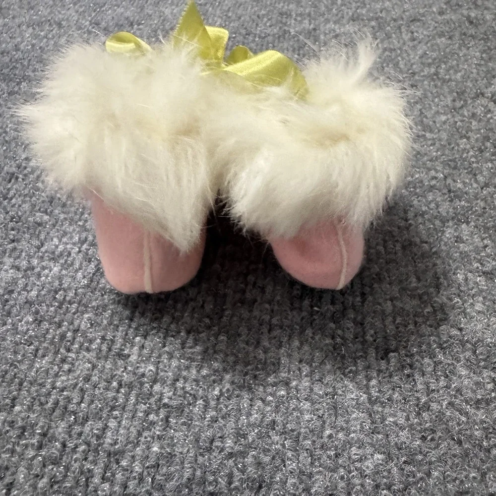 VTG Alaska Pink Baby Mukluks Shoes Beaded Rabbit Fur Trim Green Ribbon 50's-60's